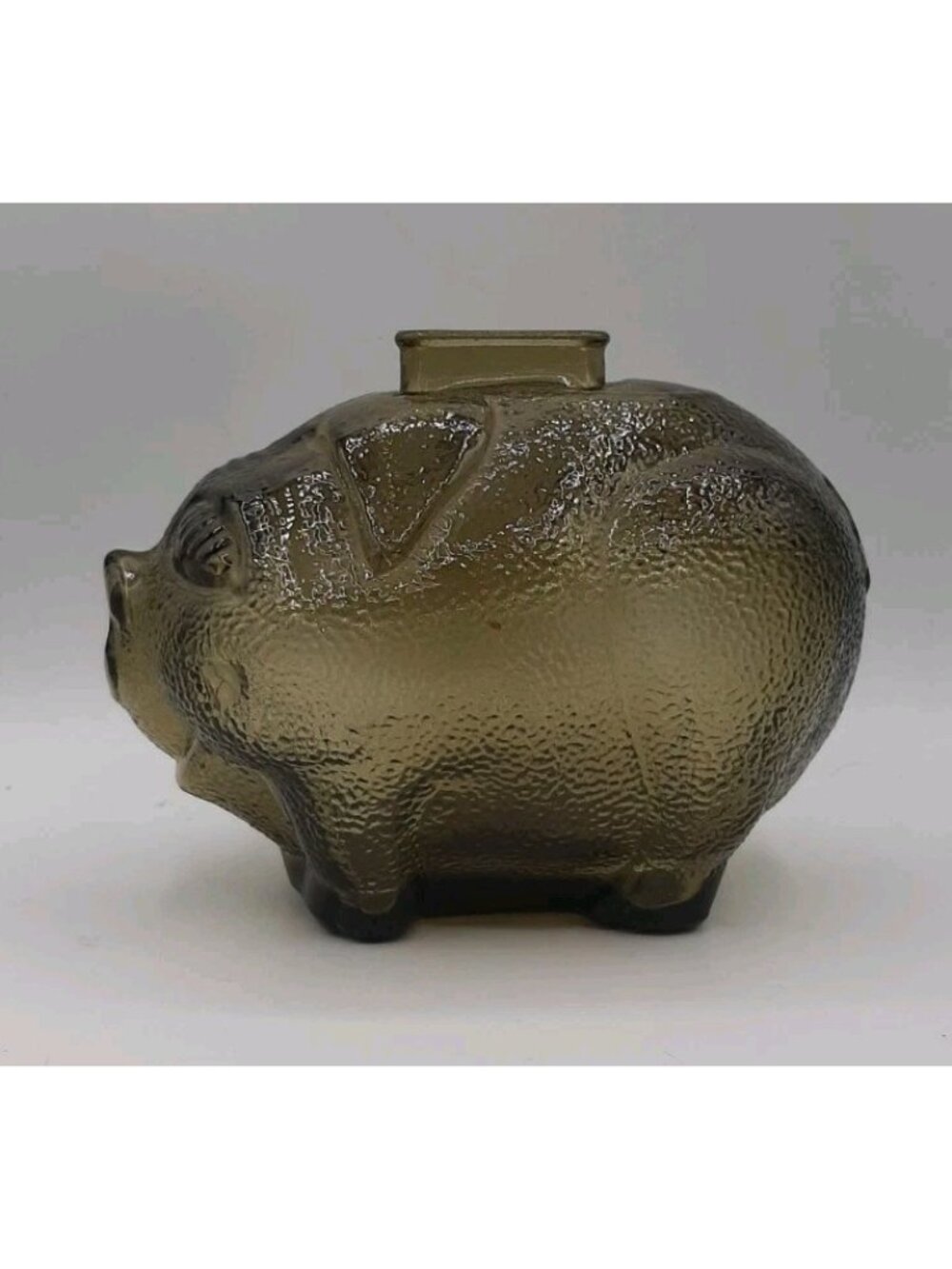 Vintage Anchor Hocking Smoky Amber Brown Glass Piggy Bank Smiling Happy Pig